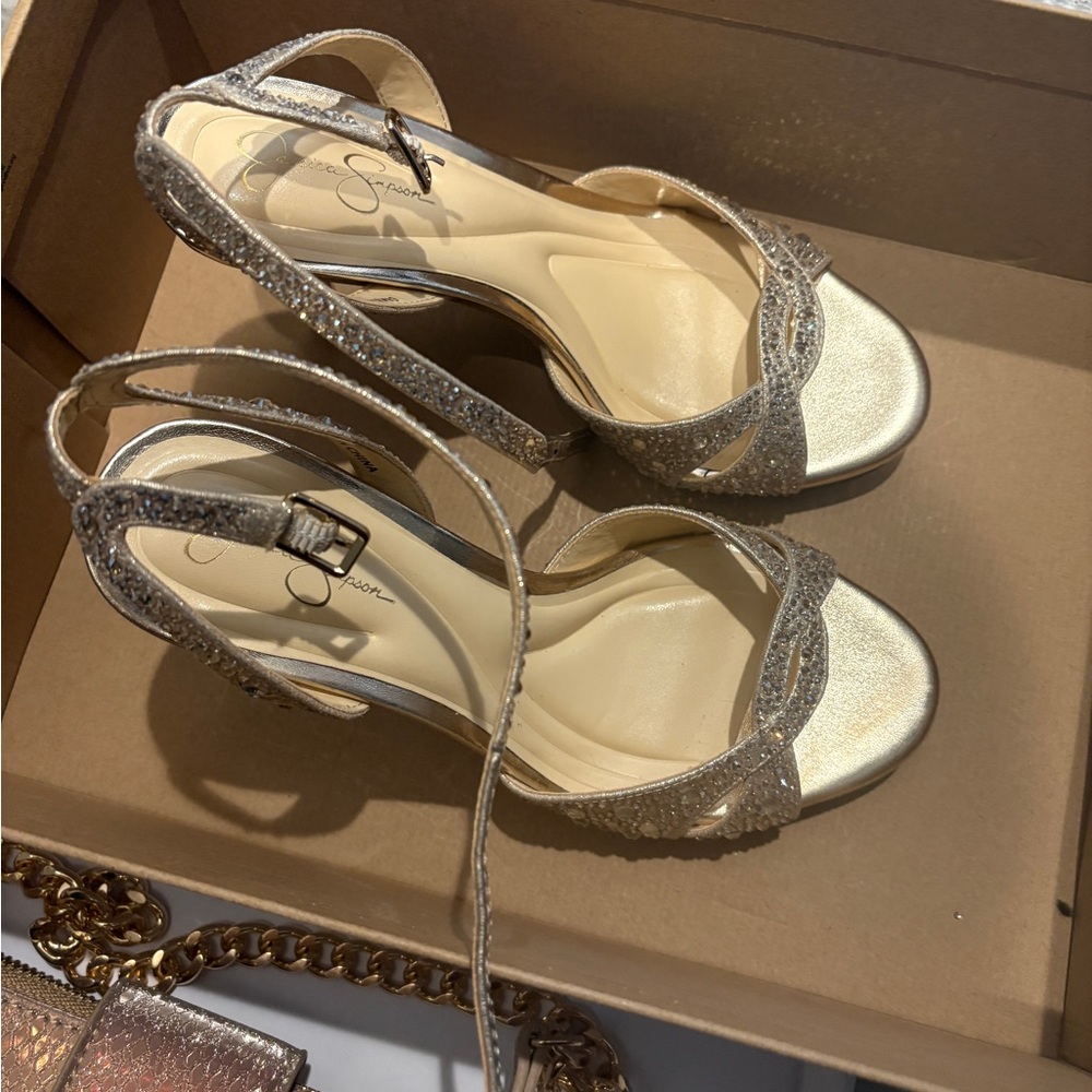 Elegant 6 Gold champagne jessica Simpson Strappy Heels jarilyn3 shimmer sand - Picture 5 of 9